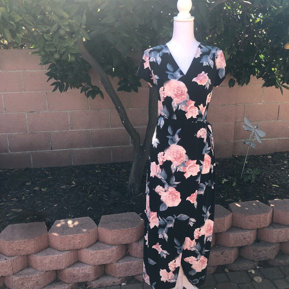 Rue21 Black Floral Faux Wrap Dress - Large